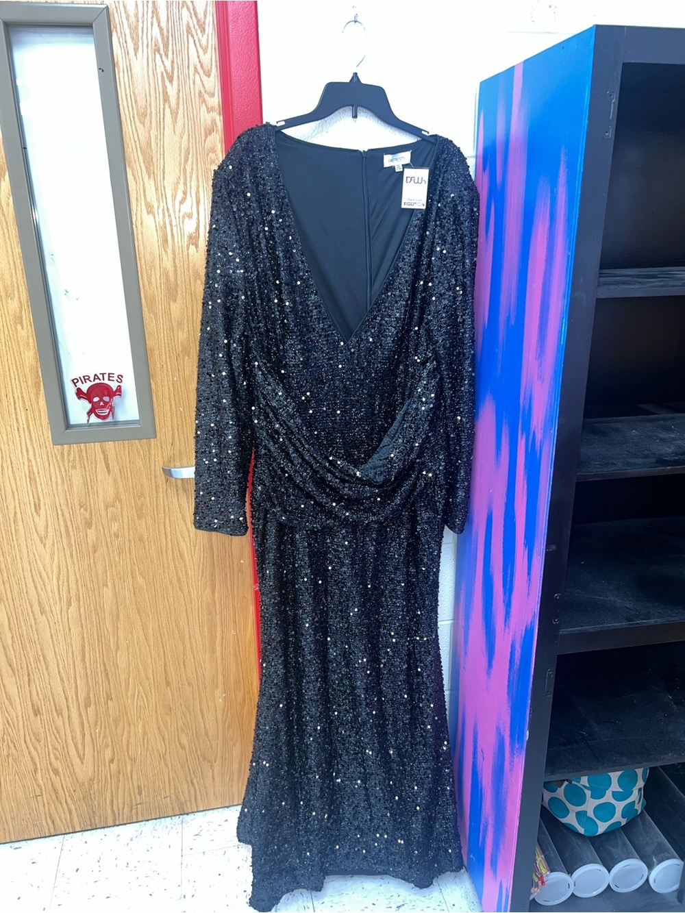Black Sequin Draped V-Neck Long Sleeve Evening Gown